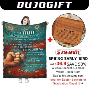 Two gifts from Spanish parents for their son: a soft blanket embroidered with a message in Spanish and a cowhide wallet with an engraved inscription. Perfect for birthdays, graduations, Easter, and Christmas.