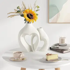 Heart-Shaped White Ceramic Vases, Set of 2, Nordic Minimalist Decorative Vases for Table Centerpiece, Wedding, Dining, Living Room, Office, and Home Decor.