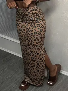 Ladies' Sexy Bodycon Leopard Maxi Skirt - Elastic Waist Side Slit Skirt for Date Night & Street Style