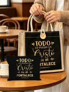 Christian-themed canvas tote bag, Spanish letter "love", printed with God, Jesus, Christian elements and religious activity patterns, multi-functional portable shopping bag, reusable printed ladies' handbag, double-handle design