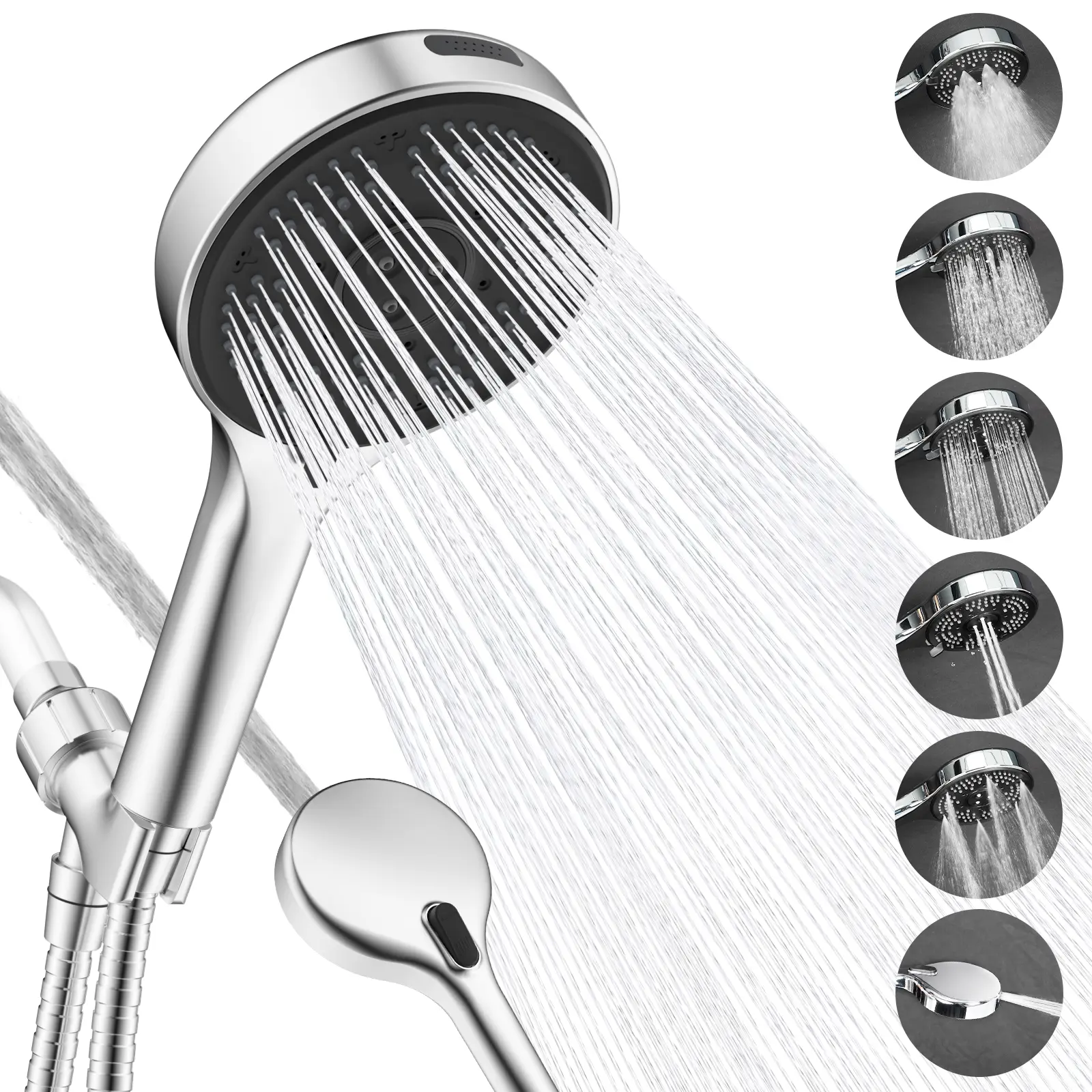 Hibbent 6 Functions High Pressure Shower Head with Handheld,Built-in Power Wash,Innovative Pulsed Massage Design Non-Clogging Nozzles,5.9ft Hose&Bracket，Chrome