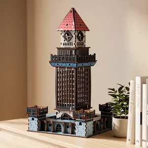 DIY Wooden 3D Puzzle Set, Medieval Clock Tower Castle Model, Vintage Building Assembly, UV Coloring, Adult Teen Craft Gift, Desktop Decoration