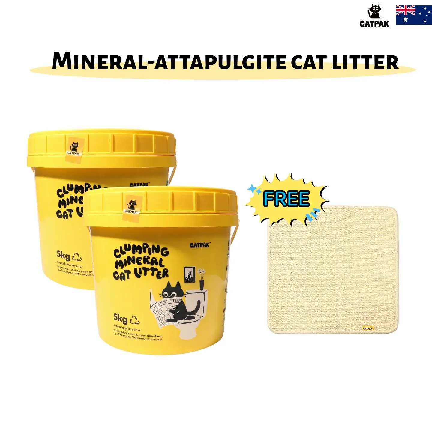 CATPAK Cat Litter Starter Bundle, 2 × 5KG Mineral Cat Litter + FREE Sisal Cat Scratching Mat, Fast Clumping, Low Dust & Easy Scooping