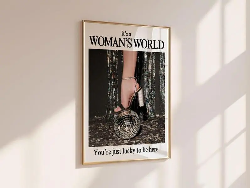 It's a Woman's World Wall Art Poster Fashion Quote Poster Disco Ball Photography Print Feminist Glam Decor Trendy Bedroom Poster
