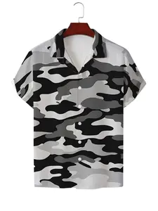 Men's Hawaiian Shirt - Flat Digital Print Pattern - No Textured Pattern - Black and White Camouflage Texture, suitable for outdoor activities, stylish and simple short sleeves, button-up, casual shirt, fashionable and versatile, suitable for dates, beach