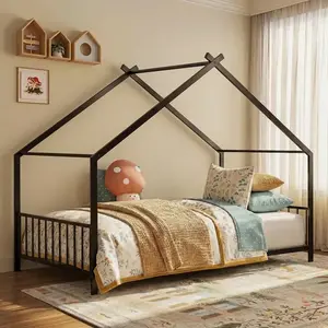 Twin/Full House Bed with 6" Mattress, Kids Floor Bed Frame, Playhouse Bed w/ Roof, Montessori Style – Cama infantil con colchón, diseño casita