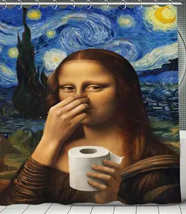 Mona Lisa Starry Night Parody Shower Curtain - Funny Artistic Bathroom Decor, Waterproof Mildew Resistant Bath Curtain with Hooks, Heavy Duty Fabric for Tub and Stall, Unique Gift for Quirky Home Styles.