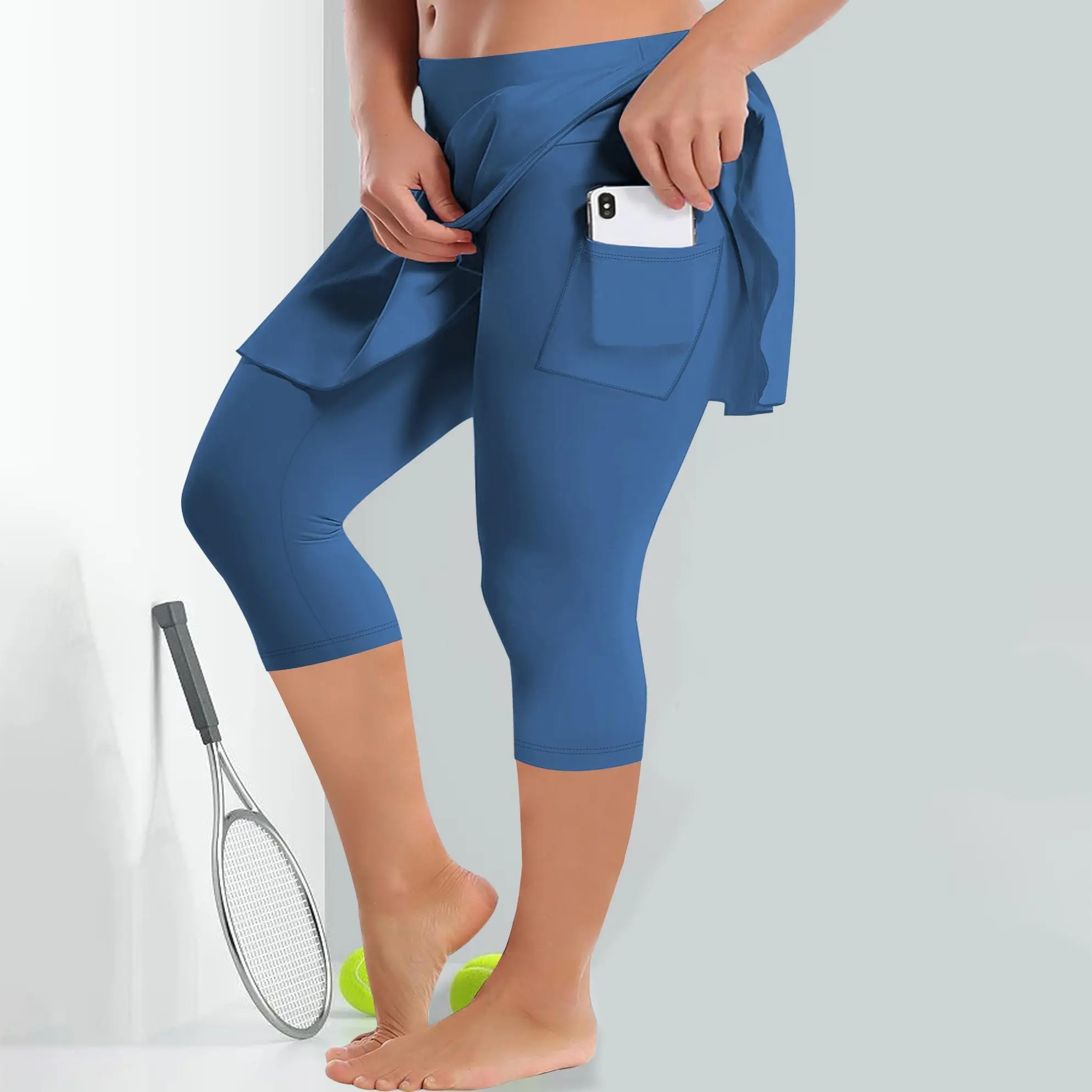 Women's Plus Size High-Waisted 2-in-1 Skirted Leggings with Pockets - Elastic Waist Athletic Sportswear, Athleisure Pants for Yoga, Tennis