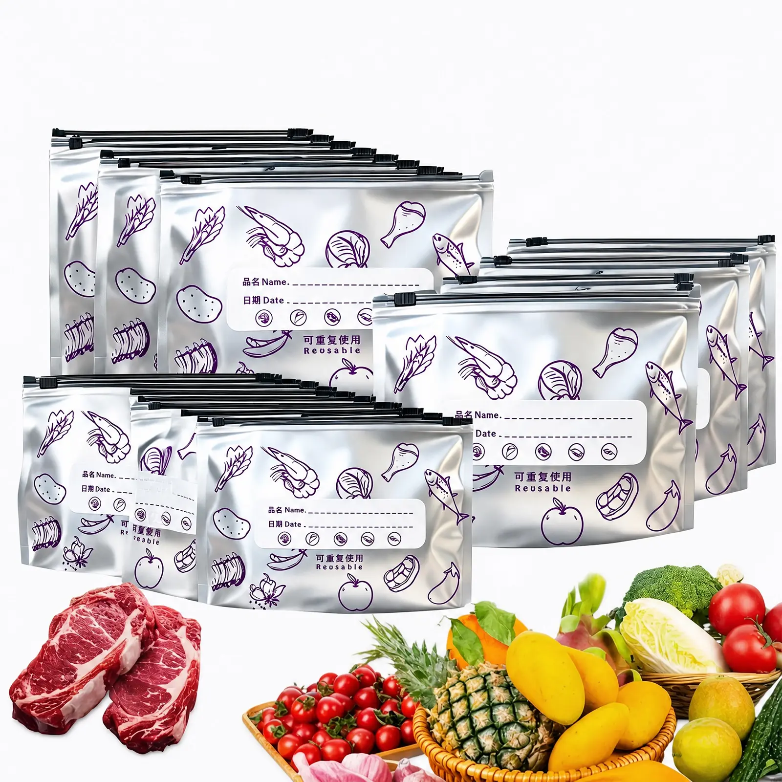 New reusable upgraded thickened upright aluminum foil sealing storage bags, with labels and zipper locks, suitable for washable kitchen items like vegetables, fruits, and meat, perfect for Thanksgiving, Christmas, and Independence Day gifts