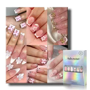 144 Pcs Press On Nails (6 Packs) | Nude Pink French, Bow & Floral Designs | Almond & Coffin Shapes | 3D Flower, Ribbon Bow & Glitter Styles | Reusable Stick On Nails with Jelly Glue | 12 Sizes