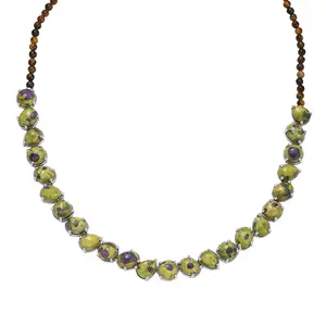 Tasmanian Stichtite, Tigers Eye 73.40 ctw Multi Shapes Mystic Earth Link Necklace in Platinum Plated 18-20 Inches