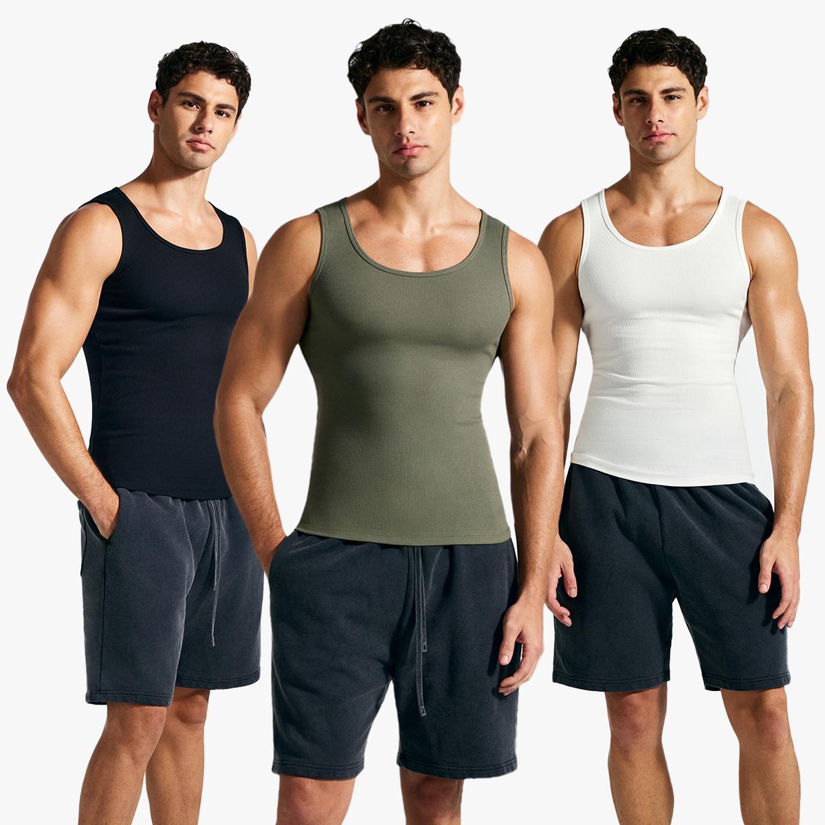 【Nebility】Men’s Solid Color Ribbed Crew Neck Tank Top 100% Cotton, Slim Fit Minimalist Athletic Undershirt, Soft Stretch Breathable for Gym Workout & Casual Wear