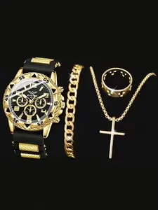 4pcs Men's Watch Set, Quartz Watch + Necklace + Bracelet + Ring, Fashionable Gift for Him, Guys, All Seasons, High Quality, Matching Jewelry Set