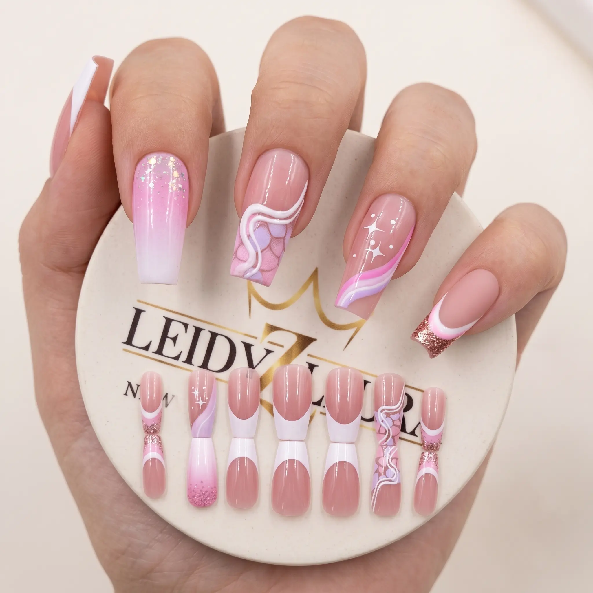 Y2K Star Glitter Press On Nails 24PCS Long Coffin Rhinestone Fake Nails, Glam Luxury Pink Sparkly Acrylic Nail Set Reusable Baddie Press On Nails for Party & Night Out french tip press-on kit Buy One Get One Free Fashion