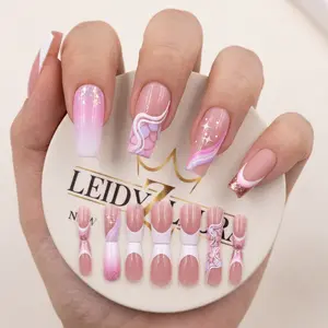 Y2K Star Glitter Press On Nails 24PCS Long Coffin Rhinestone Fake Nails, Glam Luxury Pink Sparkly Acrylic Nail Set Reusable Baddie Press On Nails for Party & Night Out french tip