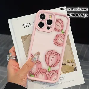 Phone Case - Pink Tulip Easy Pattern Phone Soft Case, with Recessed Anti-Shock Design, Portable for Outdoor Use, Compatible with Full Series And More Models