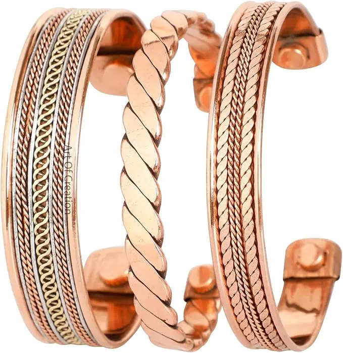 Handmade 3-Piece Copper Bracelet Set – Adjustable Unisex Cuff Bangles with Mixed-Metal Braided(e.g. Brass, Iron Wire and Decorative Detailing)Design