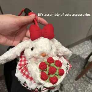 Handheld Rose Bunny Plush DIY Assembly Fun Accessory, Fluffy Bunny Keychain Charm, Phone Strap, Backpack Decoration, Valentine's Day Gift