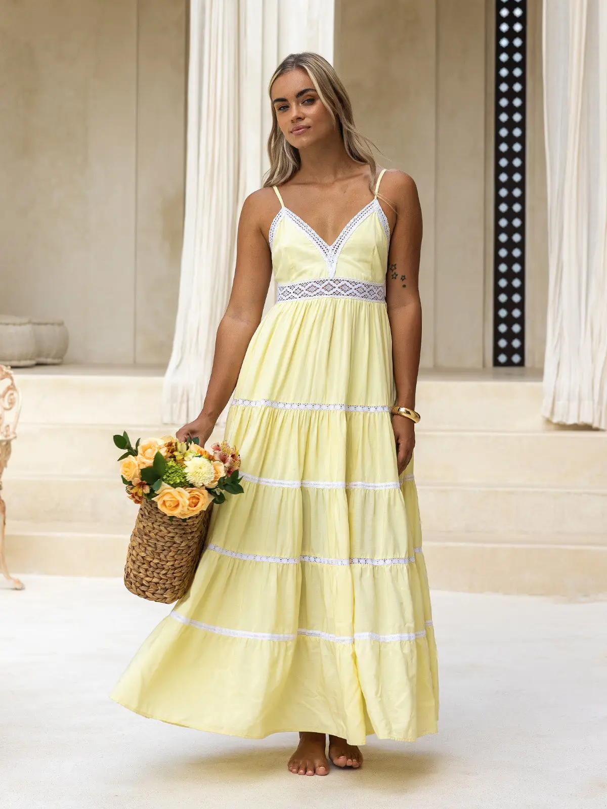 Sicilia Maxi Dress - Boho Chic Summer Dress with Pockets | Adjustable Halter V-Neck | Premium Rayon | Lace Detail | Sleeveless | Beach Vacation | Sustainable Fashion | white dress | yellow dress | blue dress