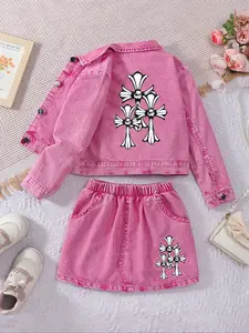 Girls' Cool Cross Necklace Denim Set, Y2K Vintage Washed Denim Jacket & Skirt, High Stretch Soft Denim, Street Style Clothing for Ages 1-8
