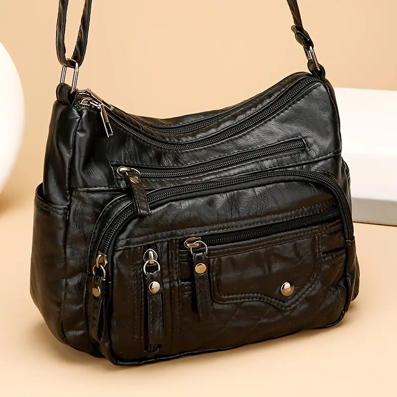Fashionable multi zipper crossbody bag, soft vegan leather shoulder bag, women's multi pocket handbag wallet