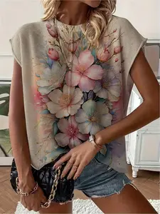 Spring/Summer collection, round neck raglan sleeves, loose fit, color-block floral cluster print short-sleeve women's knit top. Vacation style, casual & elegant for commuting. Ladies' short-sleeve knit top, bikini cover-up.