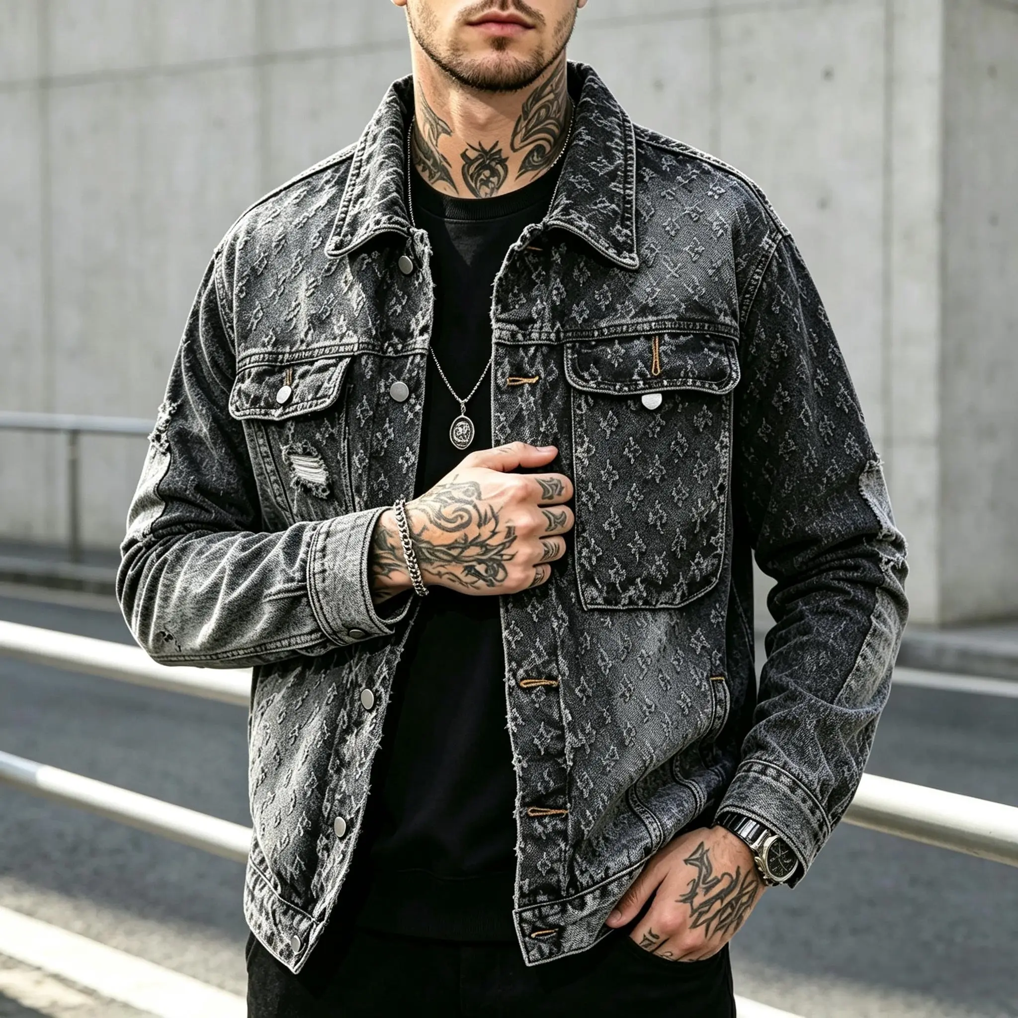 Men's Casual Loose-Fitting Vintage Denim Trucker Jacket, Washed Distressed Floral Jacquard Embroidery, Soft Cotton-Blend Hangable Coat, Button-Up Turn-Down Collar, Flap Pockets, Breathable, 3-Color Available for Autumn Street & Daily Wear,sohochic