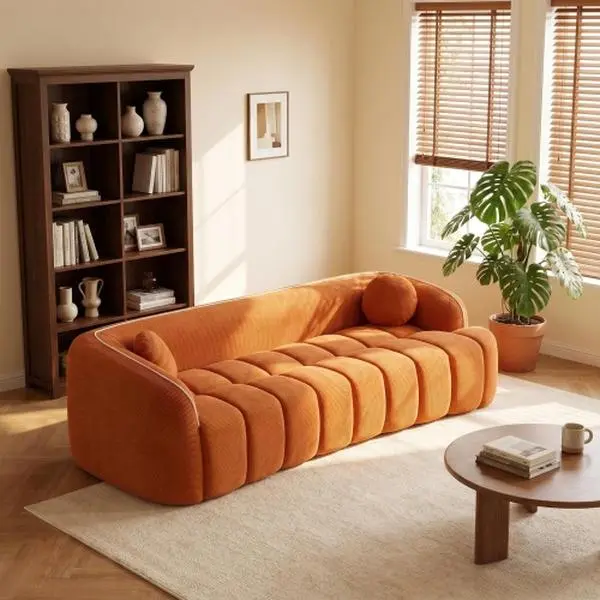 Bellemave 98.4" Long Modern Compressed 3-Seater Corduroy Cloud Sofa - No Assembly Required, Bubble Puff Channel-Tufted Comfy Couch with 2 Pillows, Deep Seat for Living Room, Indoor Furniture