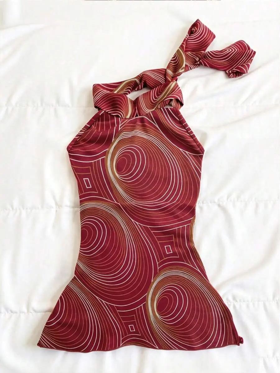 Women's Halter Tie-Up Backless Geometric Print Casual Versatile Top, Suitable For Dates And Parties