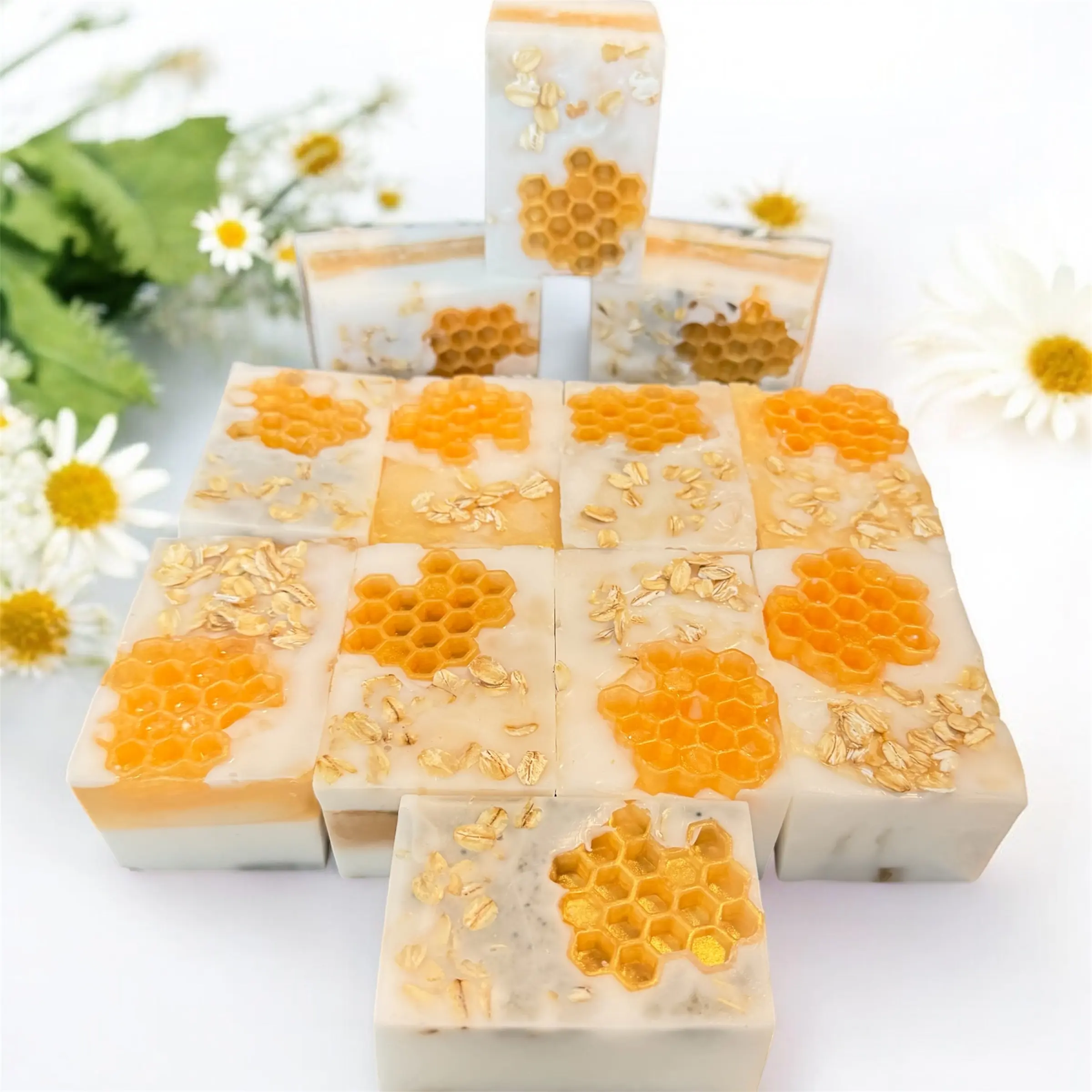 Honeybee Soap Bar Oatmeal Milk & Honey Handmade 5 oz Glycerin Argan Oil Shea Butter Silk Amino Acids Luxurious Bath Experience Artisanal Craftsmanship Skin-loving Ingredients Body Care Gift Cleansing