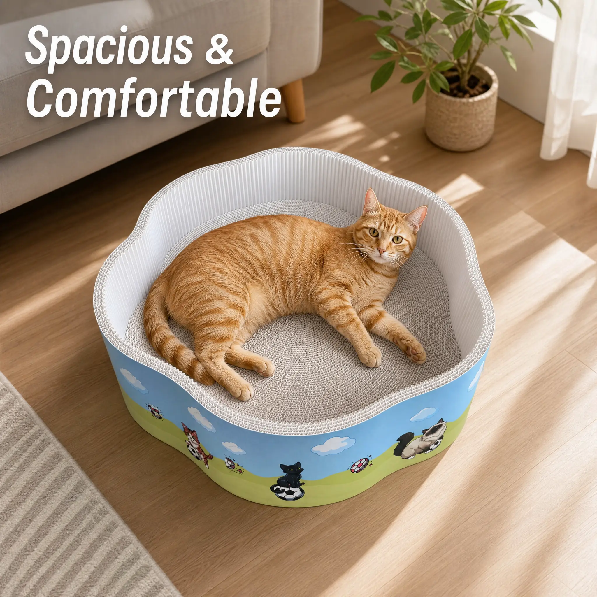 2-in-1 Round Cat Scratcher Bowl Bed, Durable Corrugated Cardboard Cat Scratching Pad Lounge for Indoor Cats, Heavy Duty Furniture Protector with Cute Cartoon Print