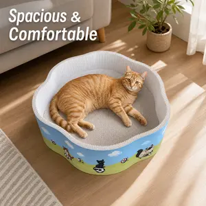 2-in-1 Round Cat Scratcher Bowl Bed, Durable Corrugated Cardboard Cat Scratching Pad Lounge for Indoor Cats, Heavy Duty Furniture Protector with Cute Cartoon Print