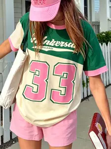 Women's Casual Loose-Fit T-Shirt, All over Print Round Neck Short Sleeve Top, Patchwork Design, Daily Wear Fashion