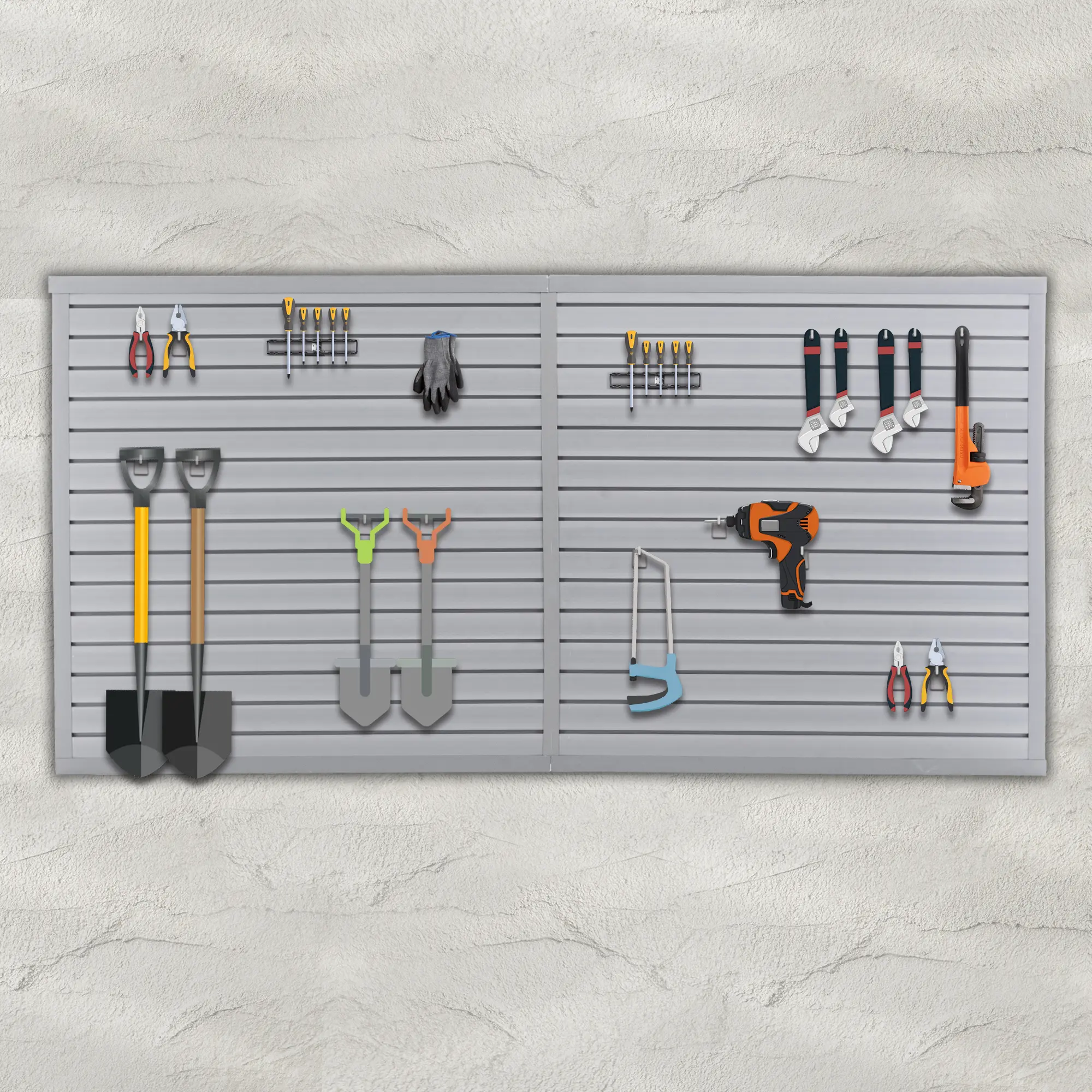 Wall Mounted Tool Rack System, Heavy Duty PVC Slatwall Garage Organizer, 8ft x 4ft Section with 10 Panels, Industrial Strength Storage, Charcoal Dark Grey Color