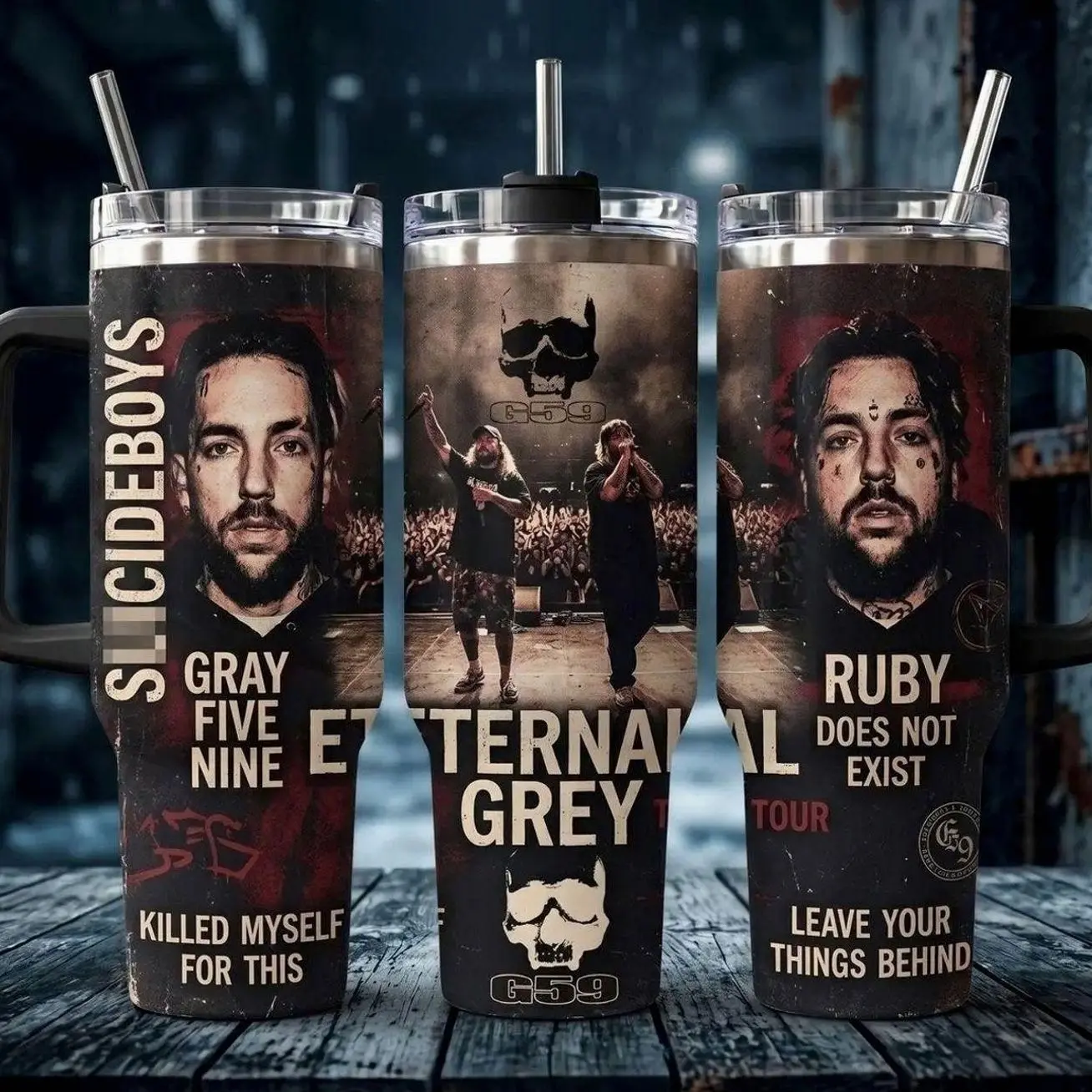 G59 Eternal Grey Tour Tumbler 40oz with Handle, SB Ruby Does Not Exist Insulated Travel Mug with Straw, Gray Five Nine KMT Stainless Steel Cup, Leave Your Things Behind Hip Hop Merch, Retro Rap Duo Fan Birthday Gift for Him