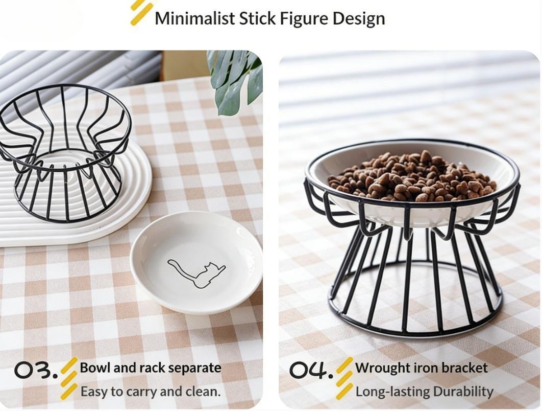 raised food bowl Pet Ceramic Bowl Cat Shallow Dish Stylish Neck Protection Anti-tip High-end Appearance Premium Look Elevated Ceramic Cat Food Bowl Treats Canned Pet Food Pet Supplies Water Bowl Cat Food Bowl Detachable Cat Bowl