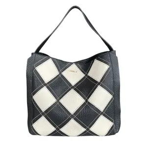 Pre-owned FURLA Leather Shoulder Bags Black White Patchwork Pebbled GHW Shoulder Tote Bag