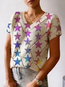 Women's fashionable hollow V-neck camisole top with star print, vacation style, casual and elegant, suitable for commuting, comfortable and breathable in spring, summer and autumn, Womenswear