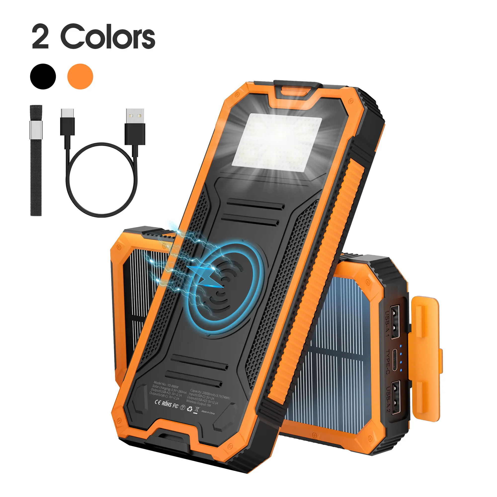 citicr Solar Charger Power Bank, 20000mAh Wireless Portable Charger with USB-C Output, 4 Ports Outdoor Battery Pack Built-in LED Flashlight, for Smartphone