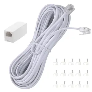15  Long Telephone Extension Cord Phone  Line Wire, with Standard RJ11 Plug and 1 in-Line Couplers and 15  Clip Holders-White
