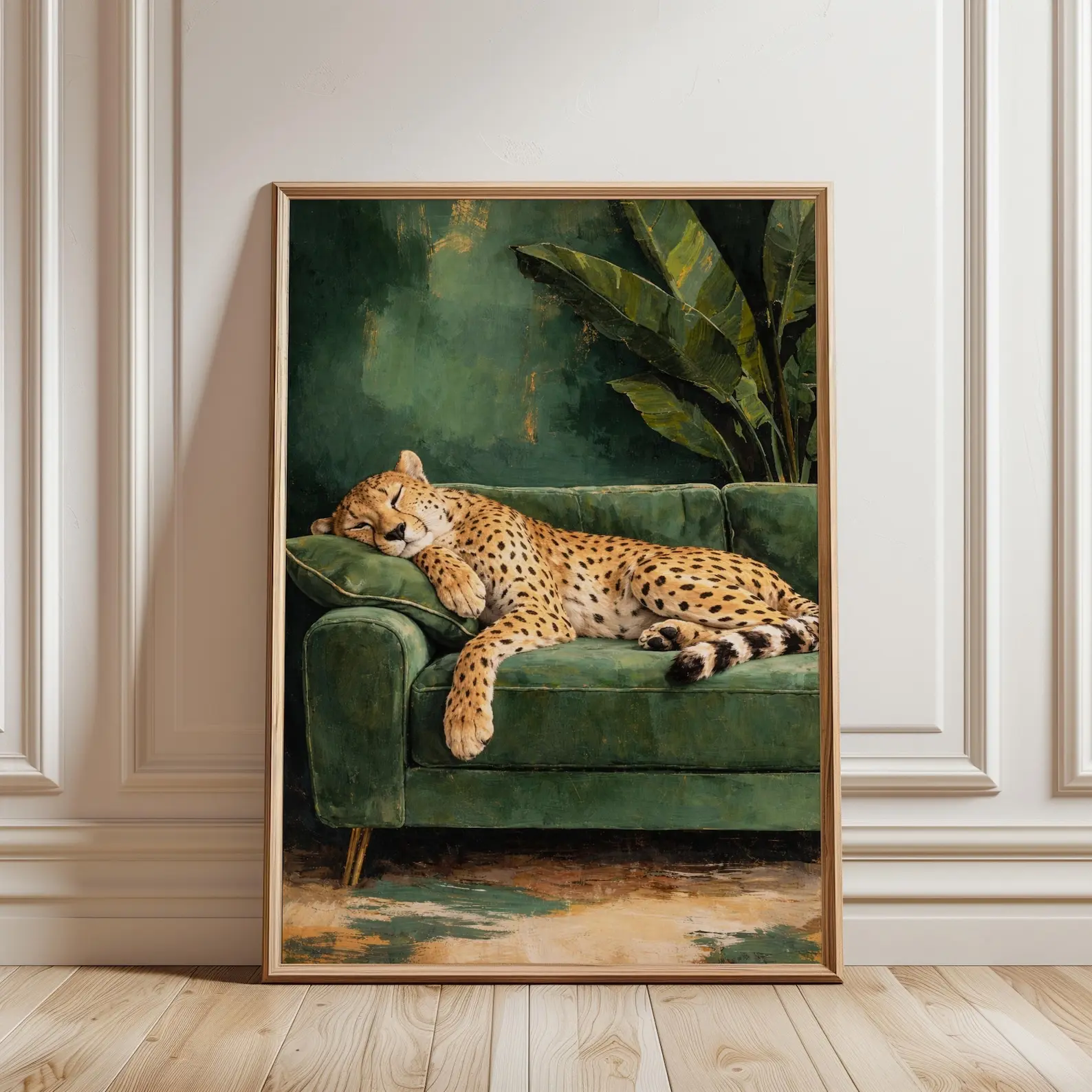 Cheetah Wall Art, Sleepy Leopard Poster, Contemporary Luxury Paper Print, Emerald Green Jungle Living Room Decor, Elegant Maximalist Modern Art (Unframed)