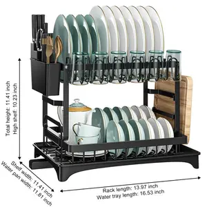 TWINS CHA & SAL Foldable Over The Sink Dish Drying Rack with Drainage, Stainless Steel Large Multifunctional Dish Racks,Rustproof Dish Rack for Kitchen Counter Organization 2 Tier Black