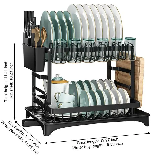 TWINS CHA & SAL Foldable Over The Sink Dish Drying Rack with Drainage, Stainless Steel Large Multifunctional Dish Racks,Rustproof Dish Rack for Kitchen Counter Organization 2 Tier Black