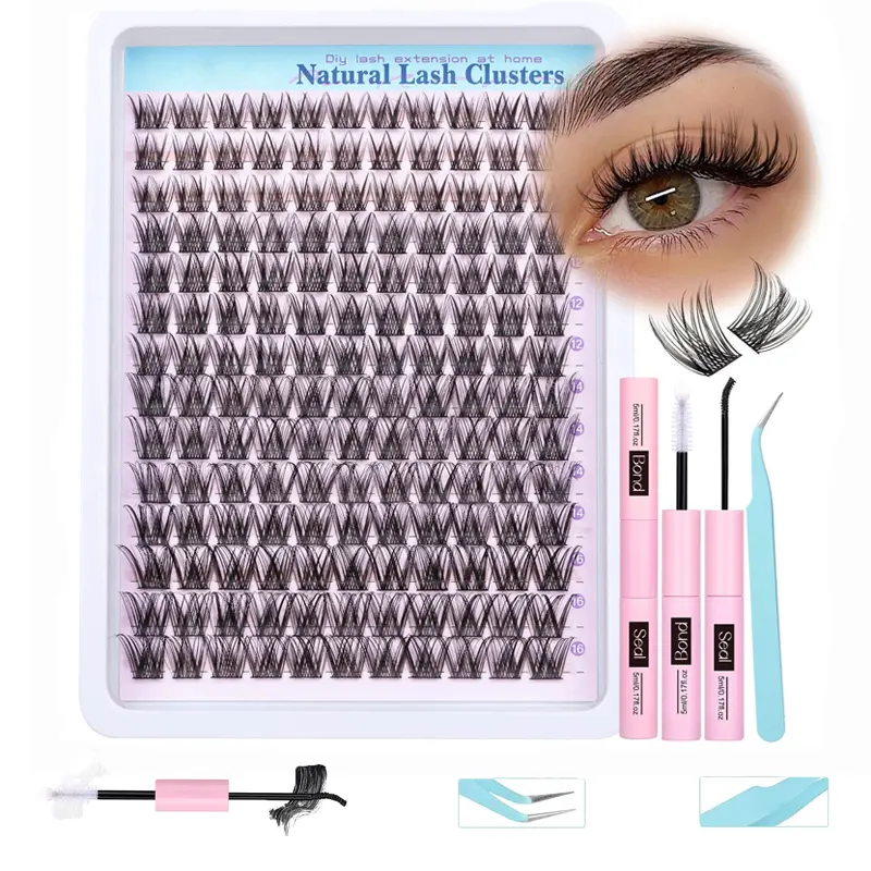 Wispy Lash Clusters Kit with Lash Bond and Seal & Tweezers, Beginner Friendly DIY Eyelash Extensions, C Curl Vegan Reusable False Lashes, 48H Long Lasting Soft Lightweight Individual Lashes for Salon Look at Home