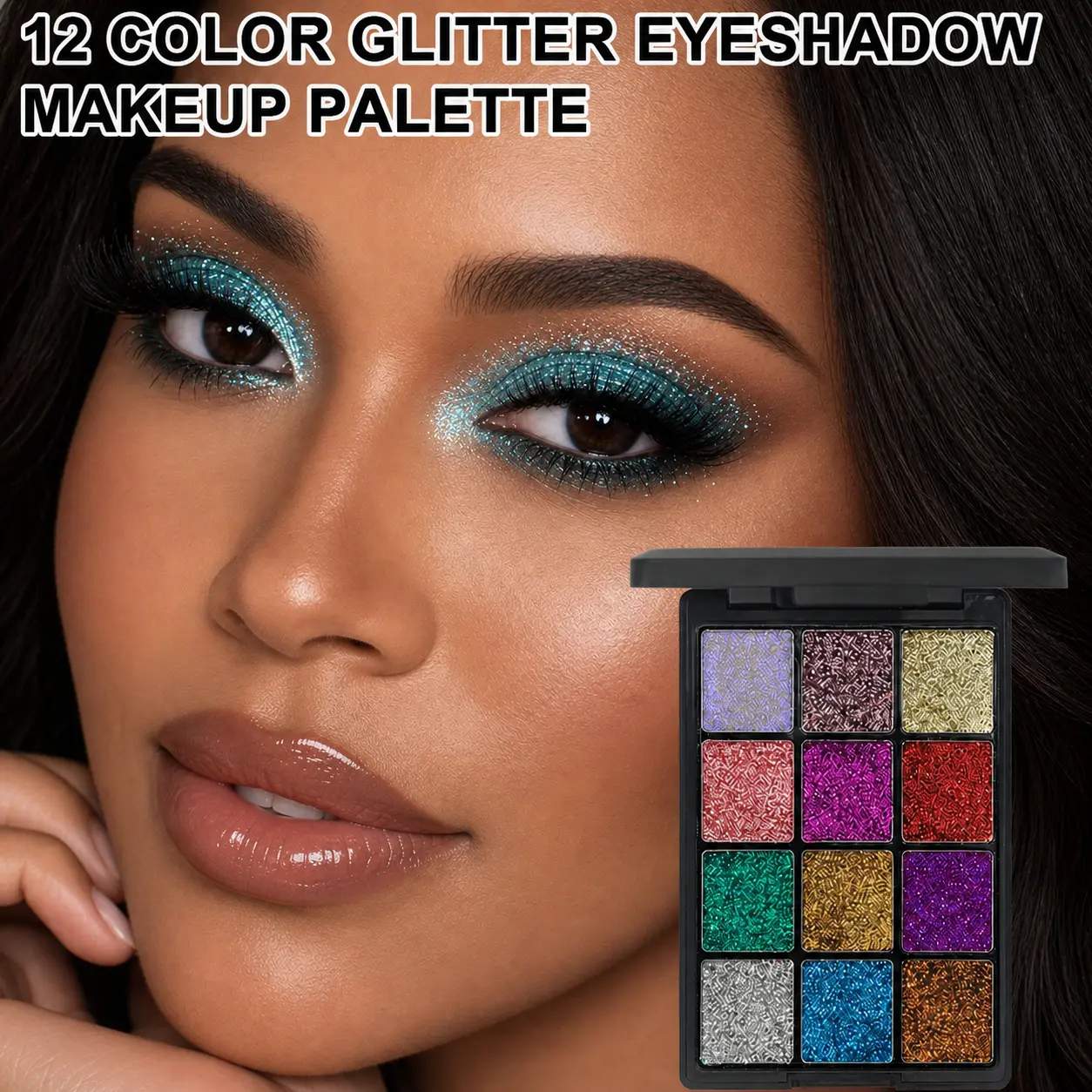 12-Color Glitter Eyeshadow Palette, Highly Pigmented Pressed Glitter, Long-Lasting, Waterproof, and Lightweight Compact Makeup for Eyes, Face & Body, Radiant