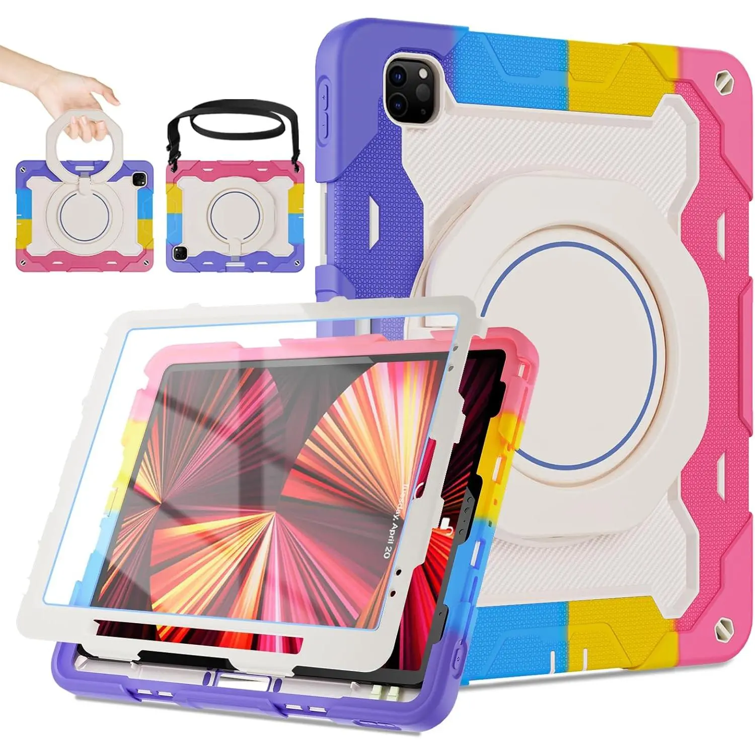 Durable Protective Heavy Duty Cover for 12.9 Inch iPad Pro (3rd,4th,5th,6th Gen) - PC & Rubber Case with HD Screen Protector, 360 Kickstand, Detachable Handle, Pencil Holder, Shoulder Strap, 15ft Drop Protection, Ideal for Painting, Teachers