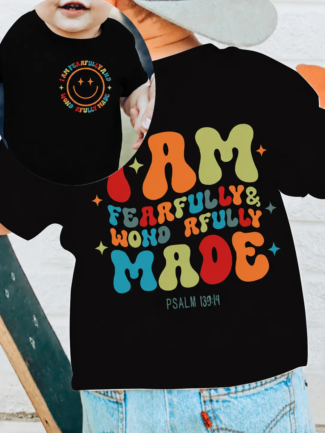 I Am Fearfully And Wonderfully Made Kids T-Shirt Double Sided Retro Groovy Multicolor Bubble Letter Star Smiley Psalm 139:14 Short Sleeve Cotton Black Christian Faith Unisex Toddler Tee