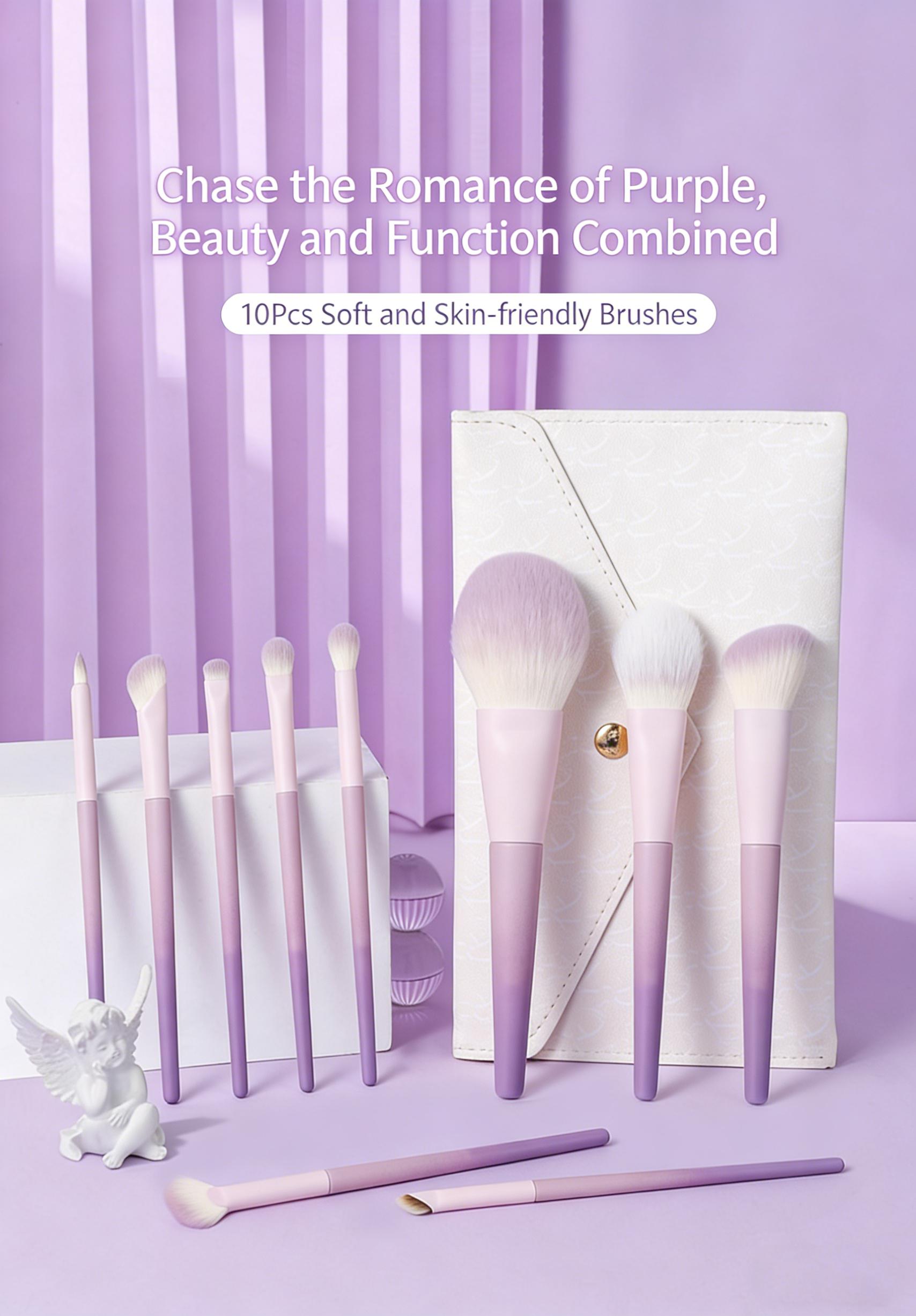 New Stella Purple 10Pcs Makeup Brush Set, Soft Nylon Bristles for Eyeliner & Nose Contour, Cute Lavender Beginner Brush Kit with Bag