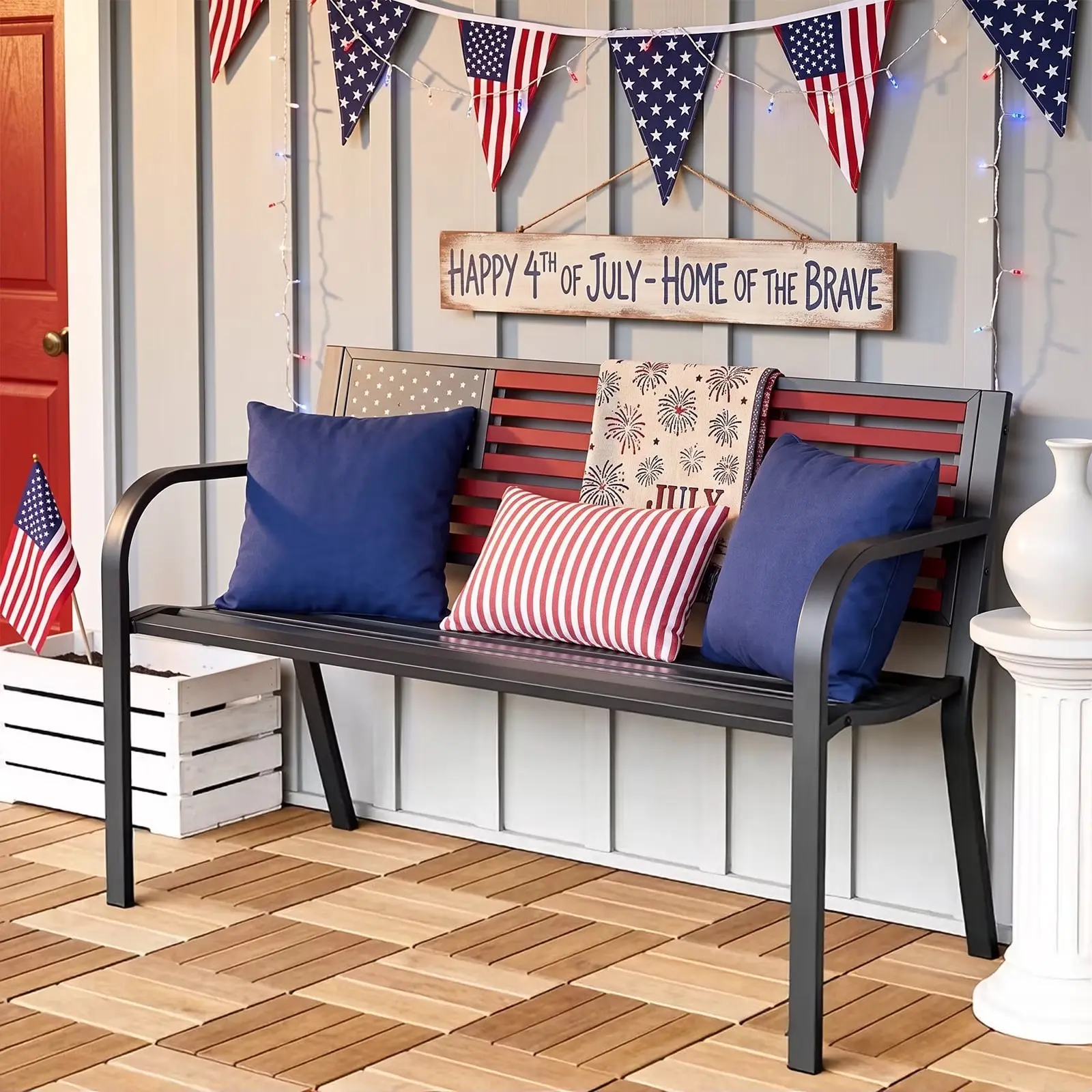 Outdoor Bench, 47in Patio Garden Benches with National Flag Pattern Backrest for Backyard, Lawn, Deck, Porch, Park, Red