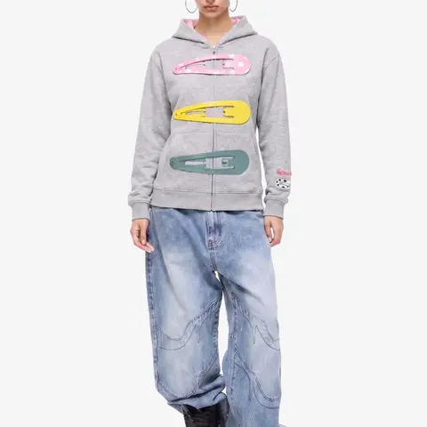 Supermade Men's Cotton Oversized Zip-Up Hoodie - Embroidery, Detachable Hair Clip Accessory, Pockets, Streetwear Clothing with Style & Fit for Everyday Wear